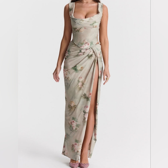 VINTAGE PRINTED DRAPED CORSET TOP SPLIT TWO PIECE MAXI DRESS - FLORAL - Picture 3 of 6